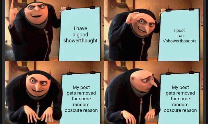 Gru holding a plan with text: 'I have a good showerthought', 'I post it on r/showerthoughts', 'My post gets removed for some random obscure reason'.