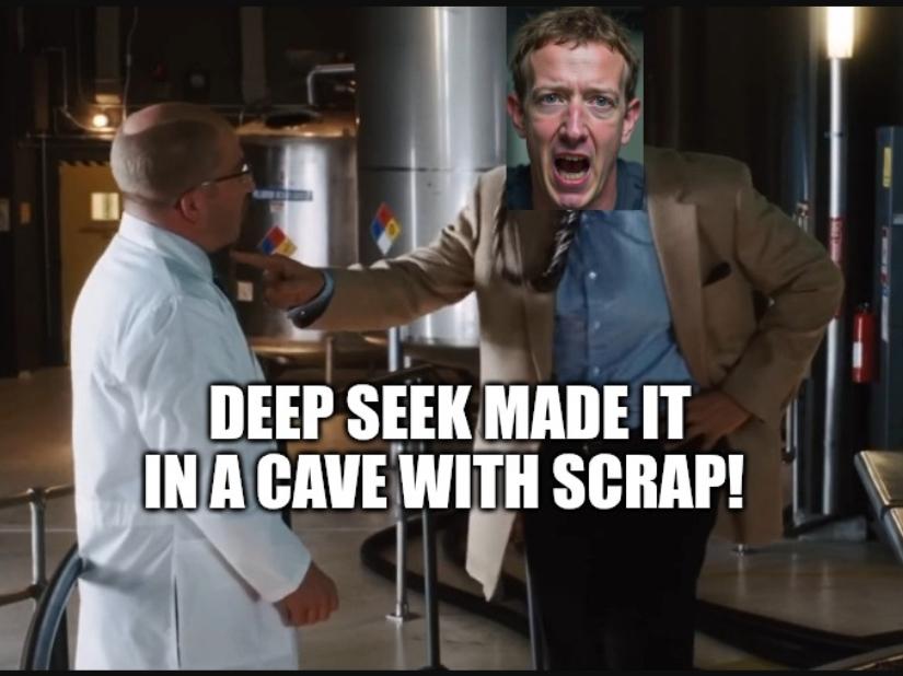 A man in a blazer points at a scientist in a lab coat with the text 'DEEP SEEK MADE IT IN A CAVE WITH SCRAP!'