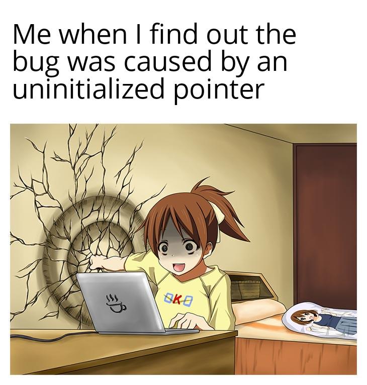 Anime character with shocked expression looking at a laptop, wall cracked behind, text reads 'Me when I find out the bug was caused by an uninitialized pointer'.