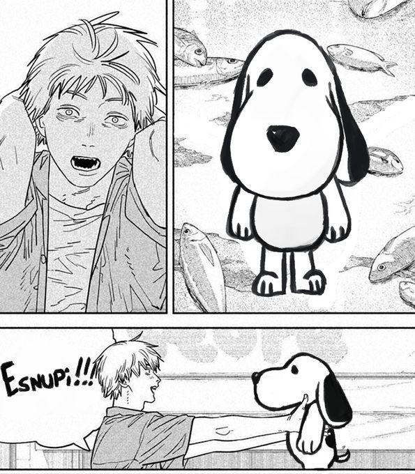 Anime character surprised with arms raised, middle panel shows Snoopy surrounded by fish, bottom panel has character holding Snoopy shouting 'Esnupi!'