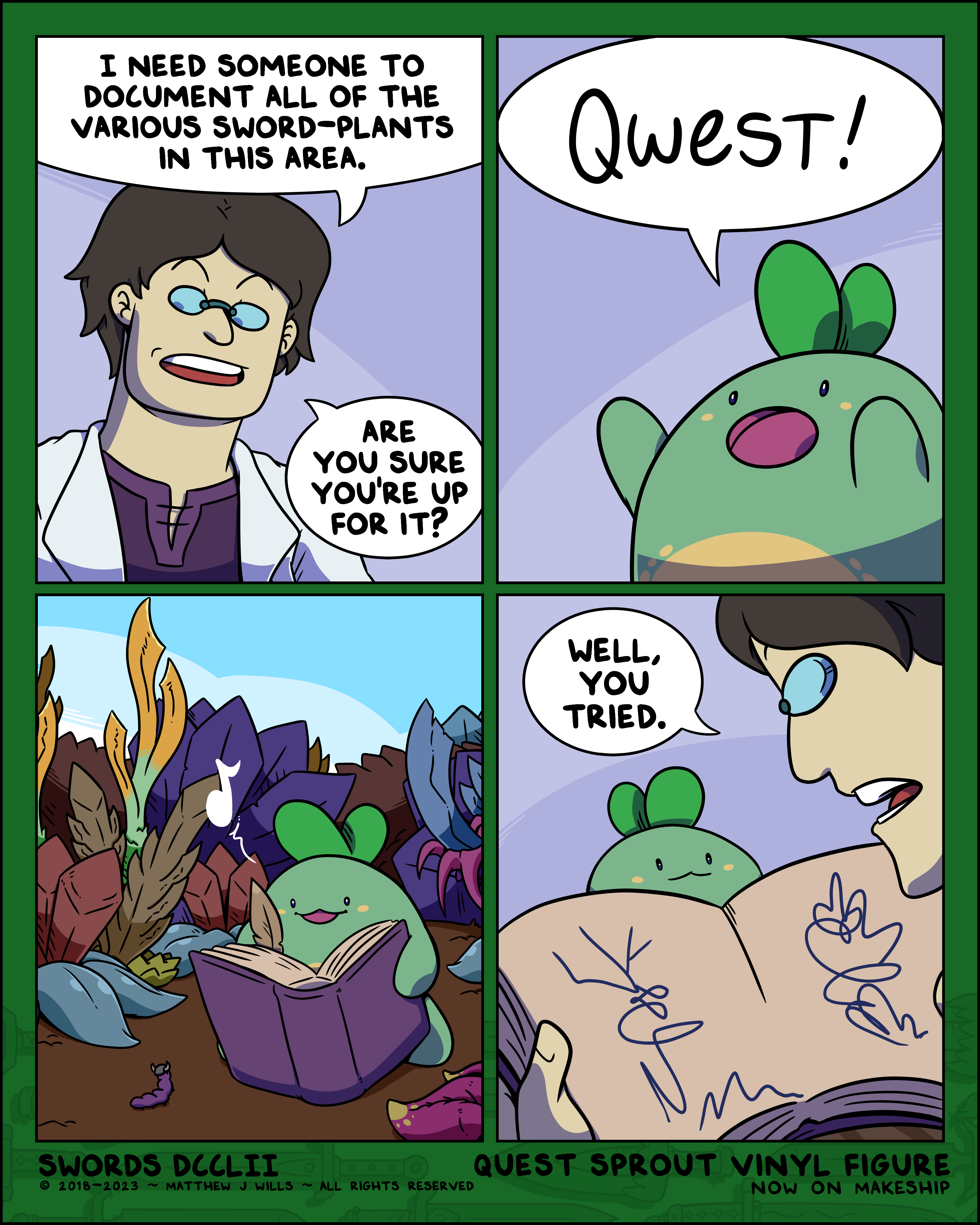 A cartoon character asks a small green creature to document sword-plants. The creature excitedly says 'Qwest!', attempts to read a book, then presents a messy drawing.