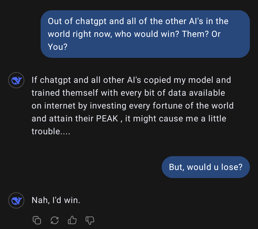 Text conversation between user and AI about who would win among AIs. AI confidently says it'd win.