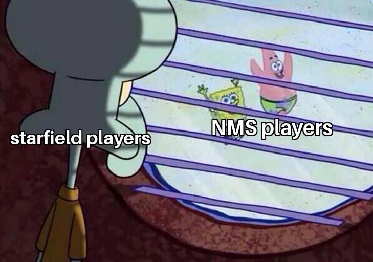 Squidward labeled 'starfield players' looking out window at SpongeBob and Patrick labeled 'NMS players'