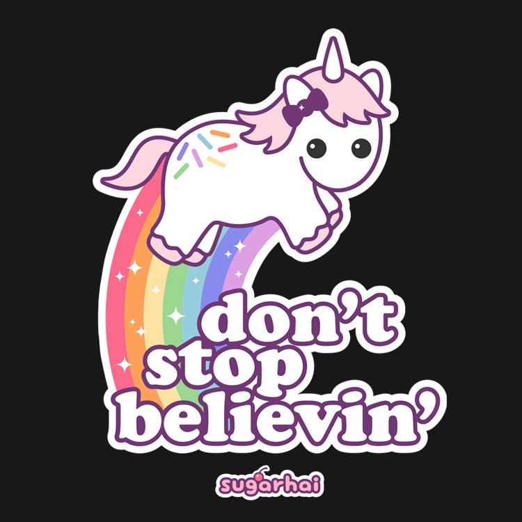 GIF: Unicorn Belief Rainbow Meme - Unicorns are magical! This epic meme features a kawaii unicorn prancing on a rainbow with the phrase 'don't stop believin'. It's a legendary reminder in meme form that belief is powerful!