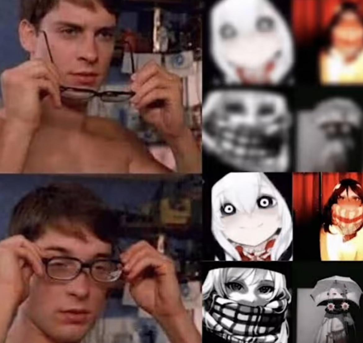 Two-panel meme: top panel shows hands removing glasses, exposing blurry images of demon and anime characters; bottom panel shows glasses back on, hiding details.