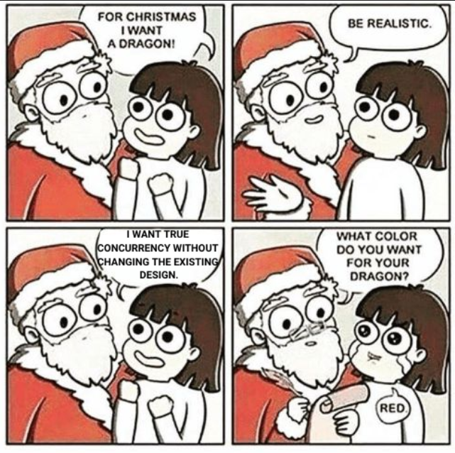 Four-panel comic with Santa. Child asks for a dragon. Santa responds to be realistic. Child asks for true concurrency without changing design. Santa relents, asks dragon color. Child says red.