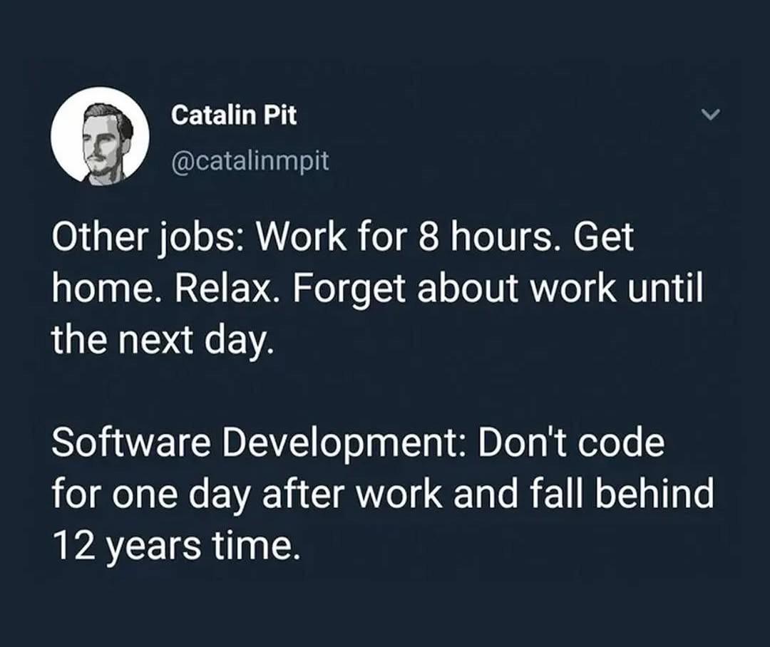 Tweet by Catalin Pit comparing other jobs with software development, emphasizing the struggle of falling behind if not coding daily.