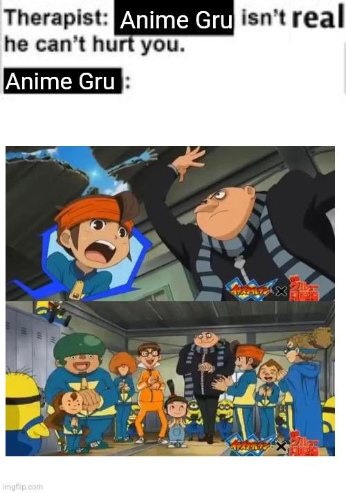 Anime Gru meme: Therapist says Anime Gru isn't real. Gru in anime style with Minions.