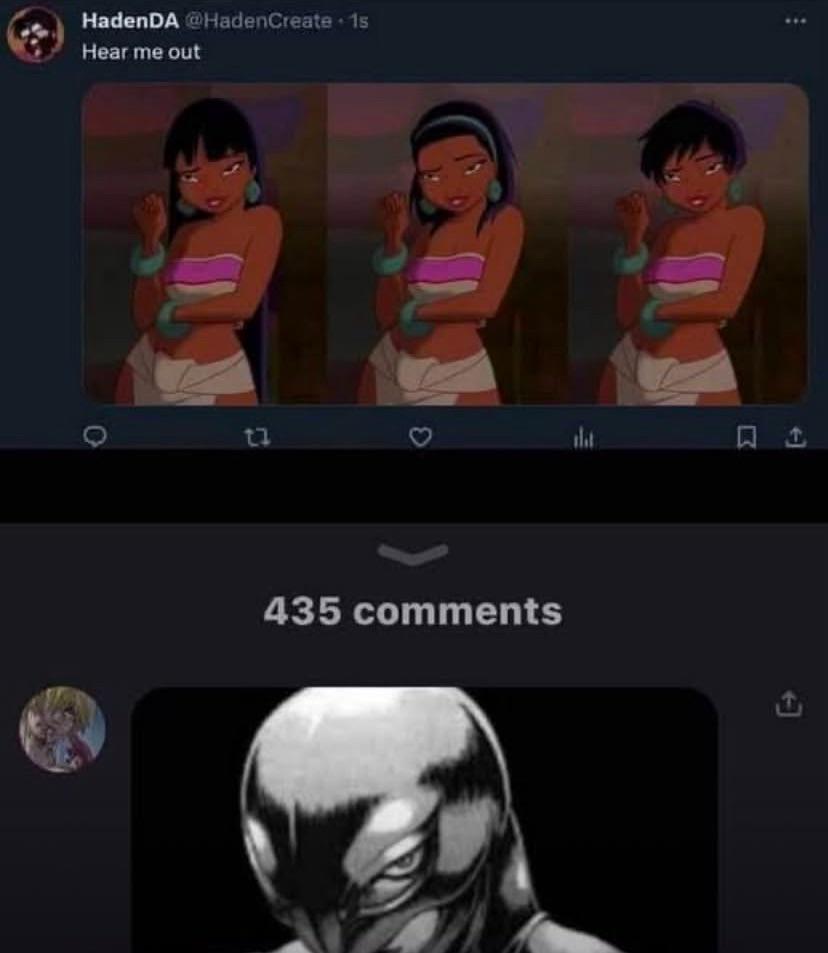 Tweet reads 'Hear me out' with three repeated images of a cartoon character and a second image shows '435 comments' with a black and white masked face.