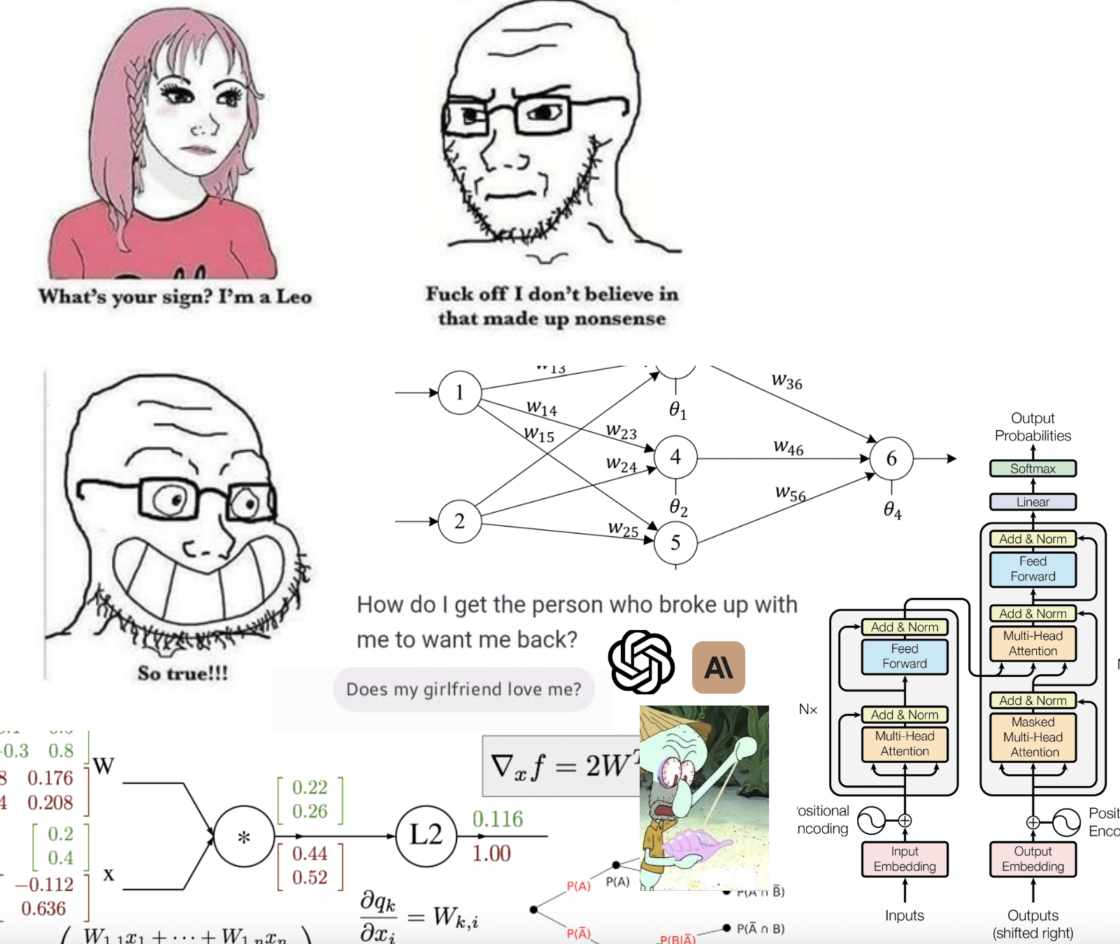 Cartoon character says 'What's your sign? I'm a Leo'. Another character replies 'I don't believe in that made-up nonsense' and there are AI diagrams and mathematical formulas.