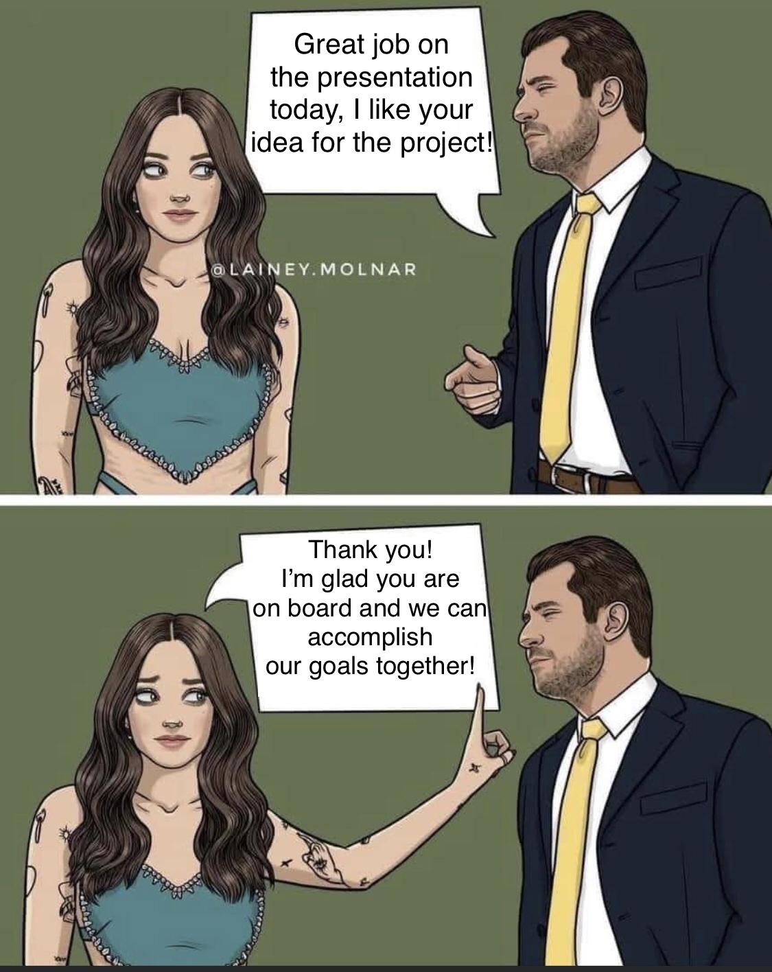 Cartoon woman with long wavy hair and tattoos receives compliment from man in suit who likes her project idea. She smiles and points as they agree to achieve goals together.