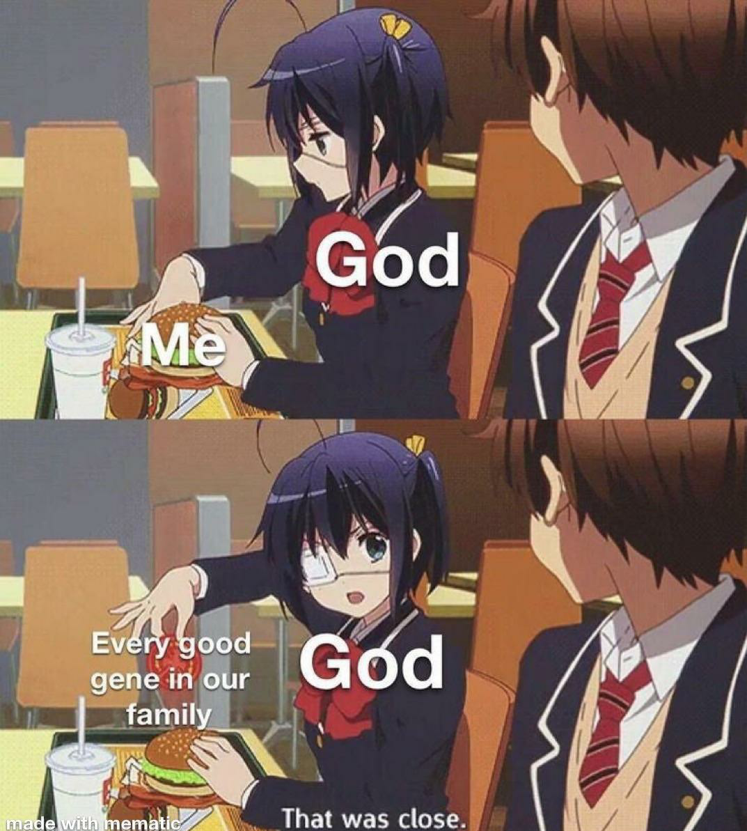 Anime scene with a schoolgirl, labeled 'Me,' about to eat a burger. Another character labeled 'God' prevents her, saying 'Every good gene in our family. That was close.'