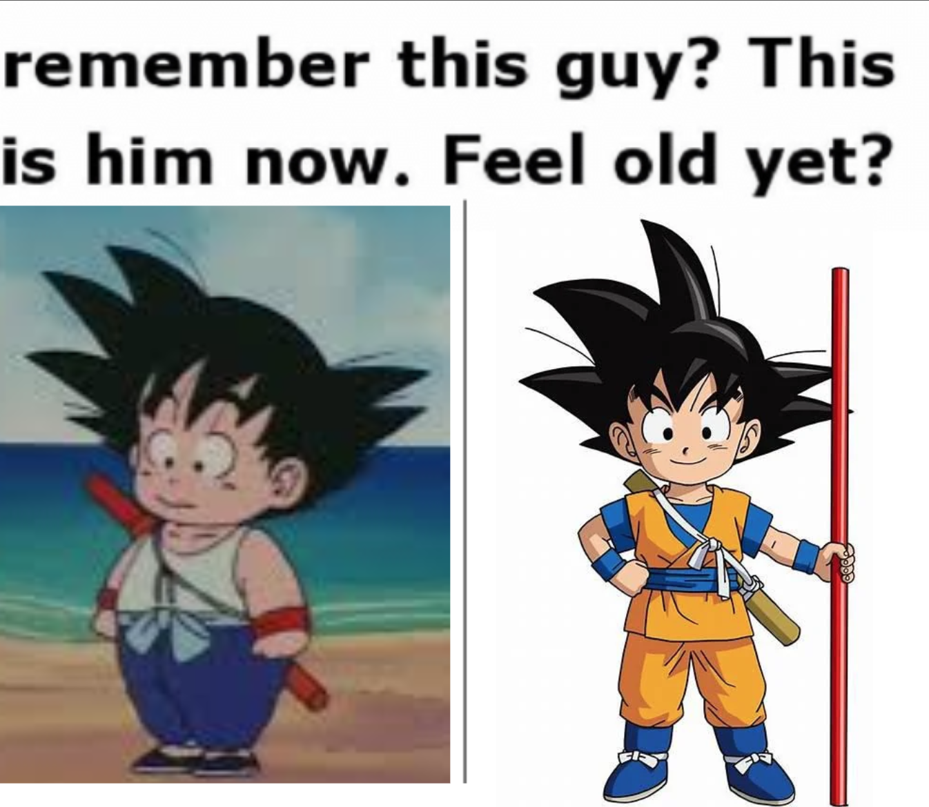 Side-by-side images of young Goku from Dragon Ball on the left with a red staff and older, more grown Goku on the right with a similar pose and staff.