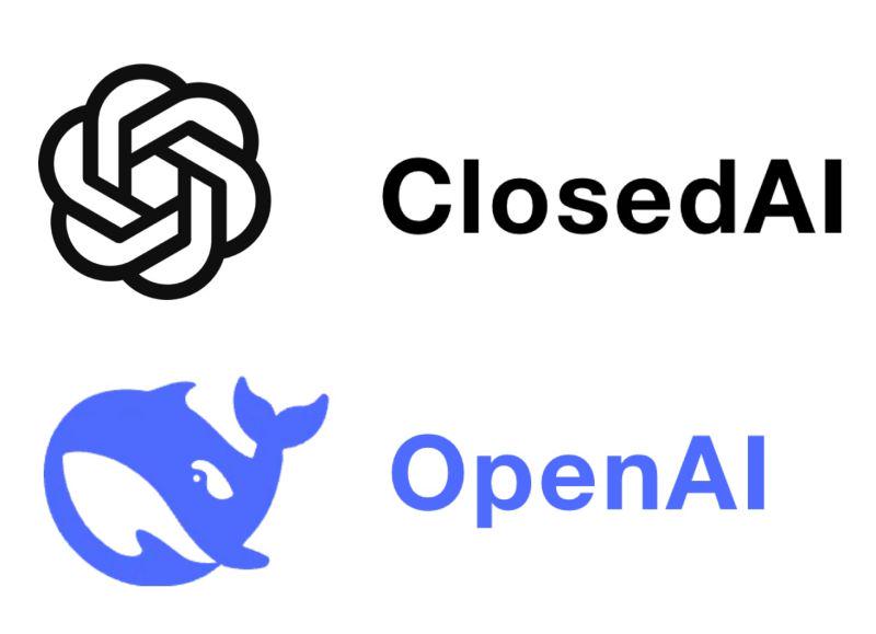 A parody image showing the ClosedAI logo with a black knot symbol and OpenAI with a blue whale logo.