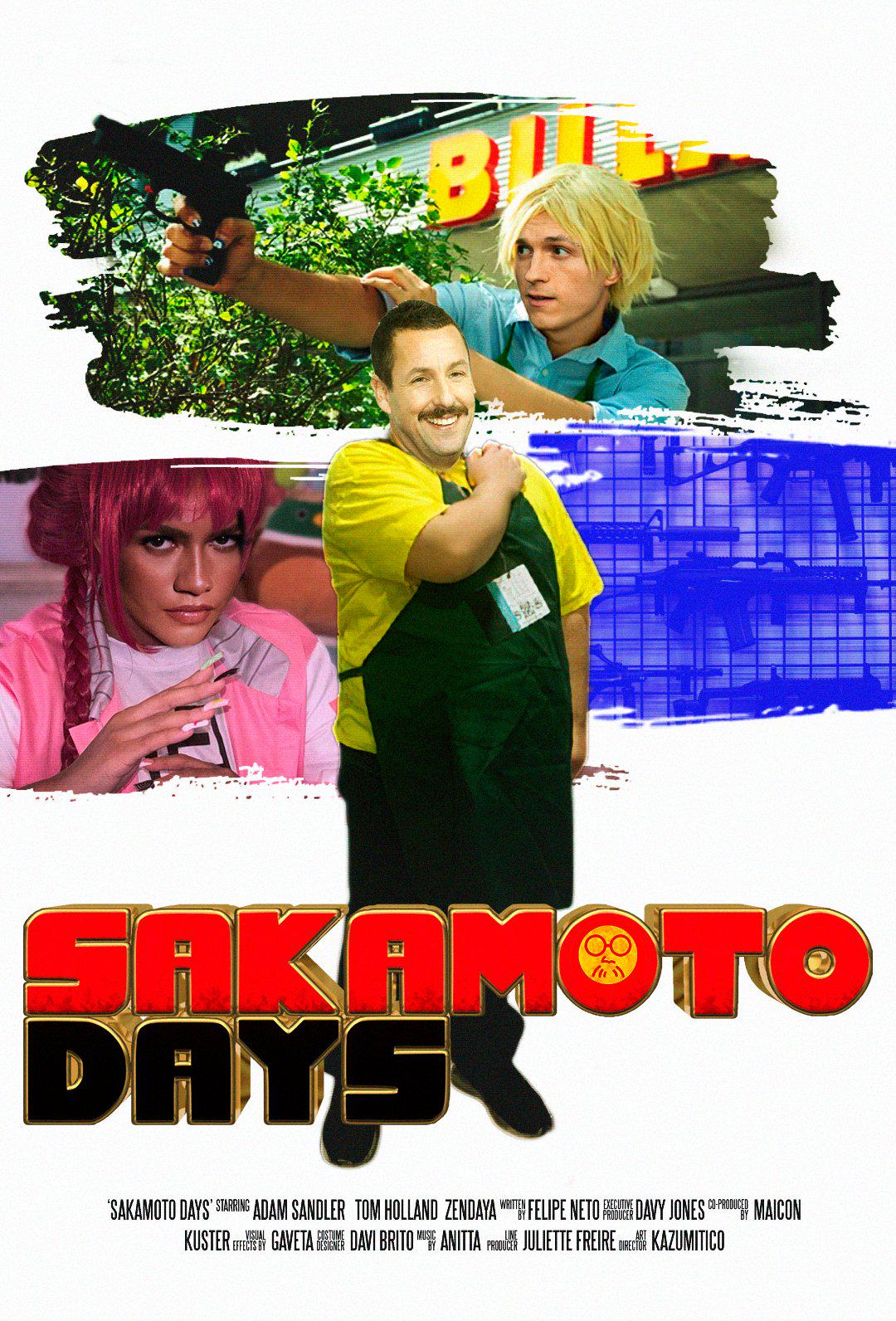 Parody movie poster titled 'Sakamoto Days' with action character holding a gun and a person in a green apron.