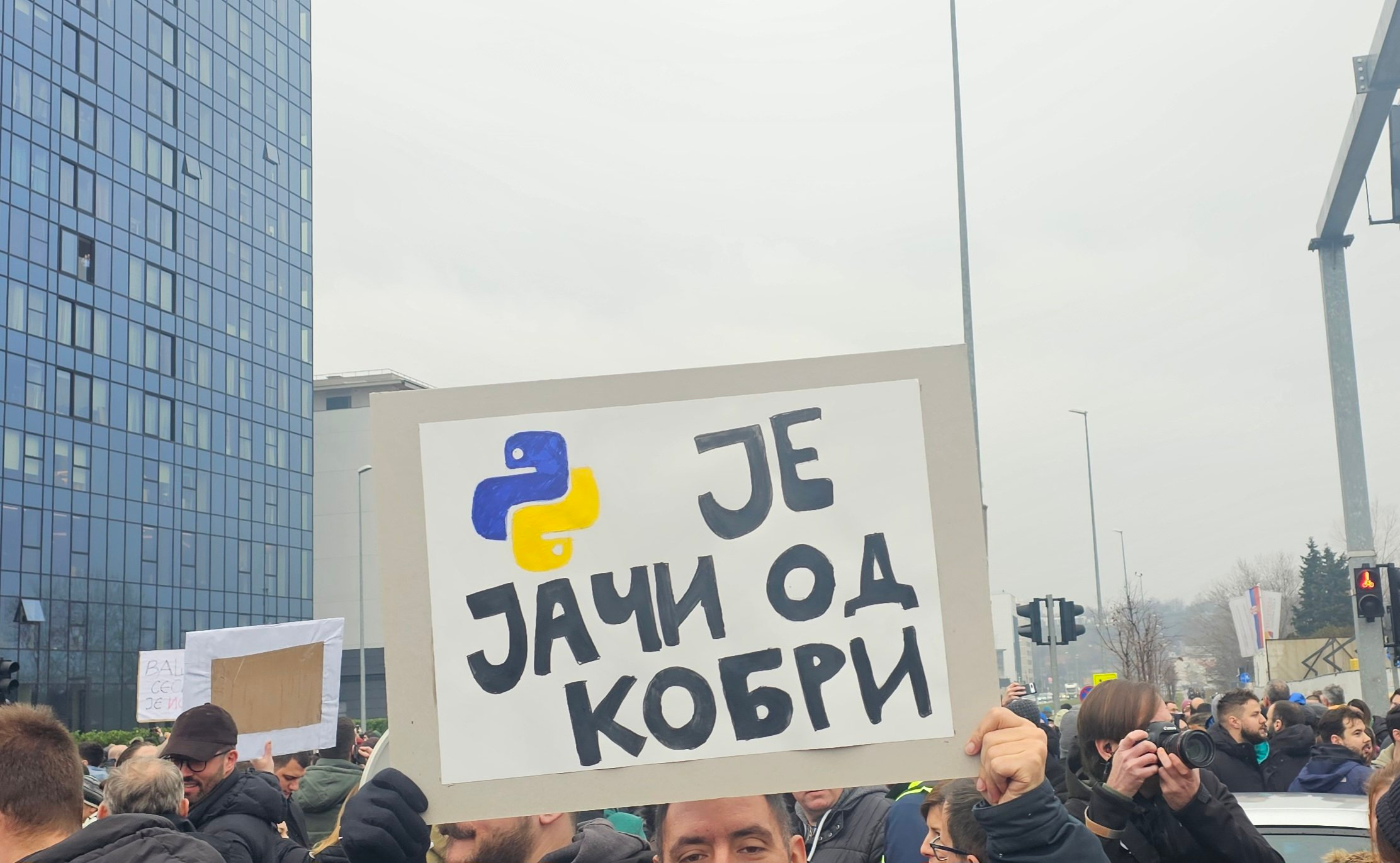 Protest crowd with sign featuring Python logo and text saying 'JE JACI OD KOBRI' meaning 'stronger than cobras' in Serbian.