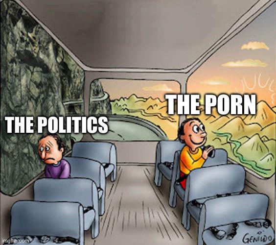 Cartoon of a bus interior showing one sad person looking at rocks labeled 'THE POLITICS' and one happy person looking at a sunny view labeled 'THE PORN'.