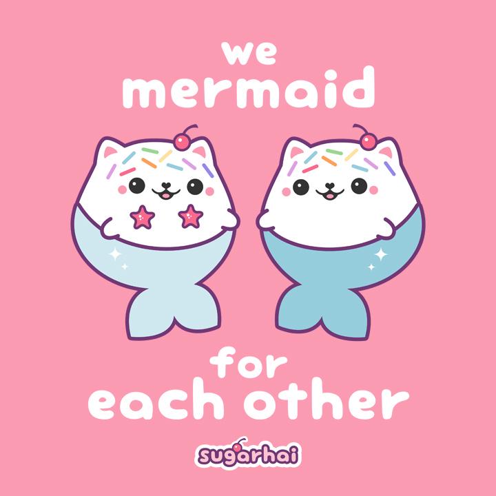 GIF: Cute Mermaid Cats Meme - Adorable mermaid cats unite in this cute meme that's guaranteed to brighten your day! Perfect for those who love puns and kawaii memes. This epic duo is meow-velous!