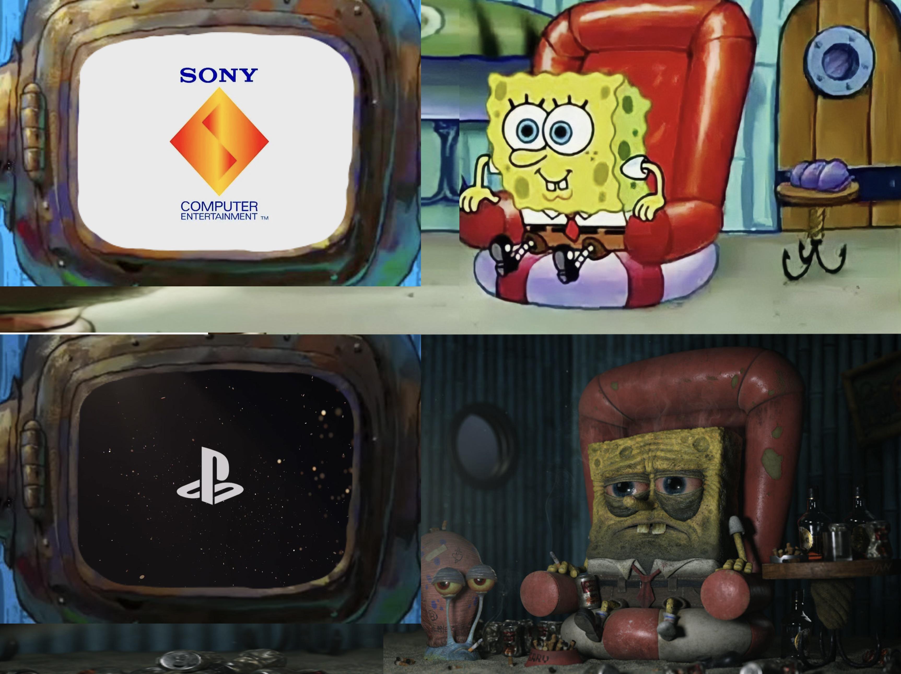 SpongeBob watching a TV screen showing Sony PlayStation logos. The TV and SpongeBob's appearance evolve from fresh to aged.