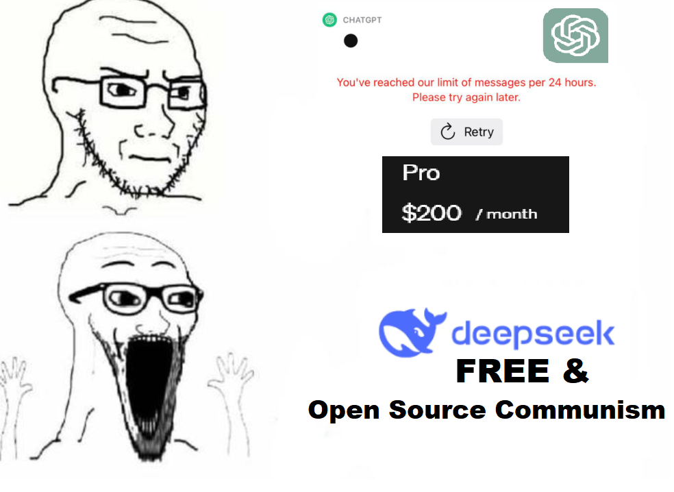 Comic strip with a surprised wojak reacting to ChatGPT message limit and free DeepSeek offer below.