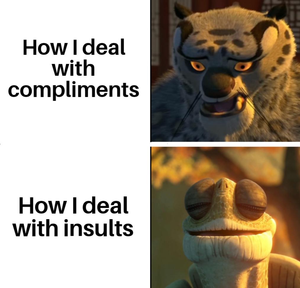 Two-panel meme. Top: 'How I deal with compliments' with angry snow leopard. Bottom: 'How I deal with insults' with calm tortoise.