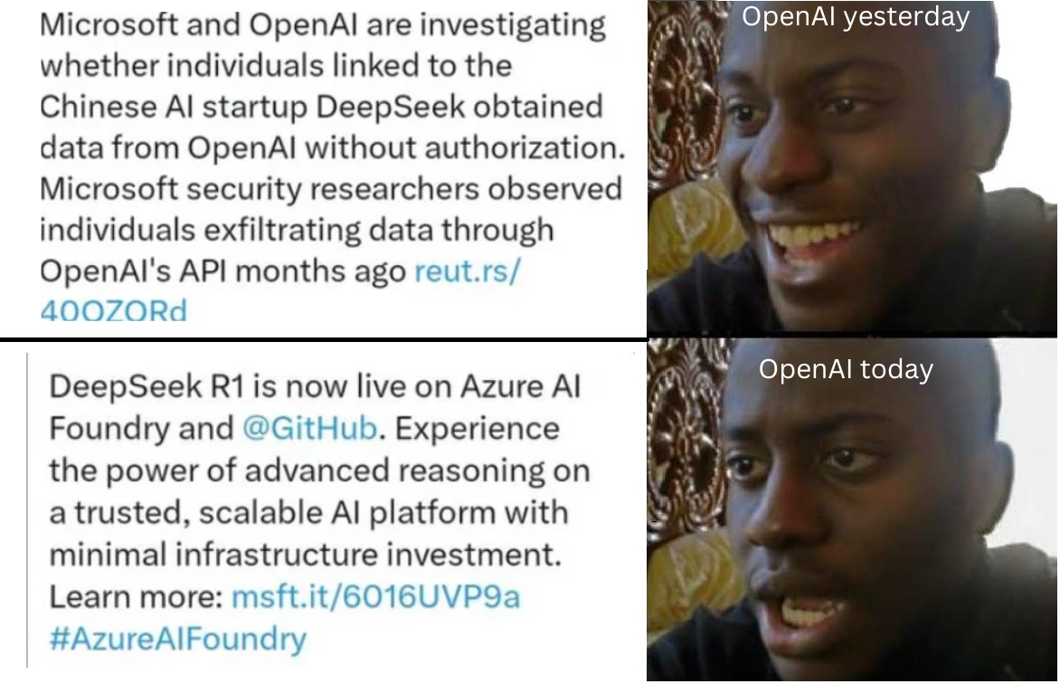 Top tweet about Microsoft investigating DeepSeek exfiltrating data from OpenAI API. Bottom tweet announces DeepSeek R1 live on Azure AI Foundry.