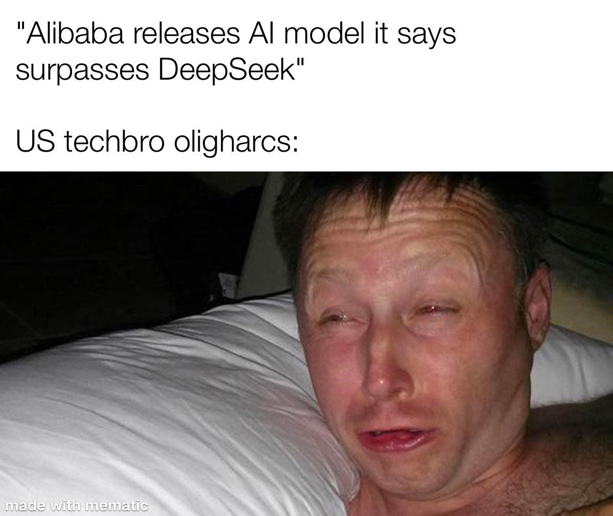 Text: 'Alibaba releases AI model it says surpasses DeepSeek' above 'US techbro oligarchs:' with a blurred image of a person in bed