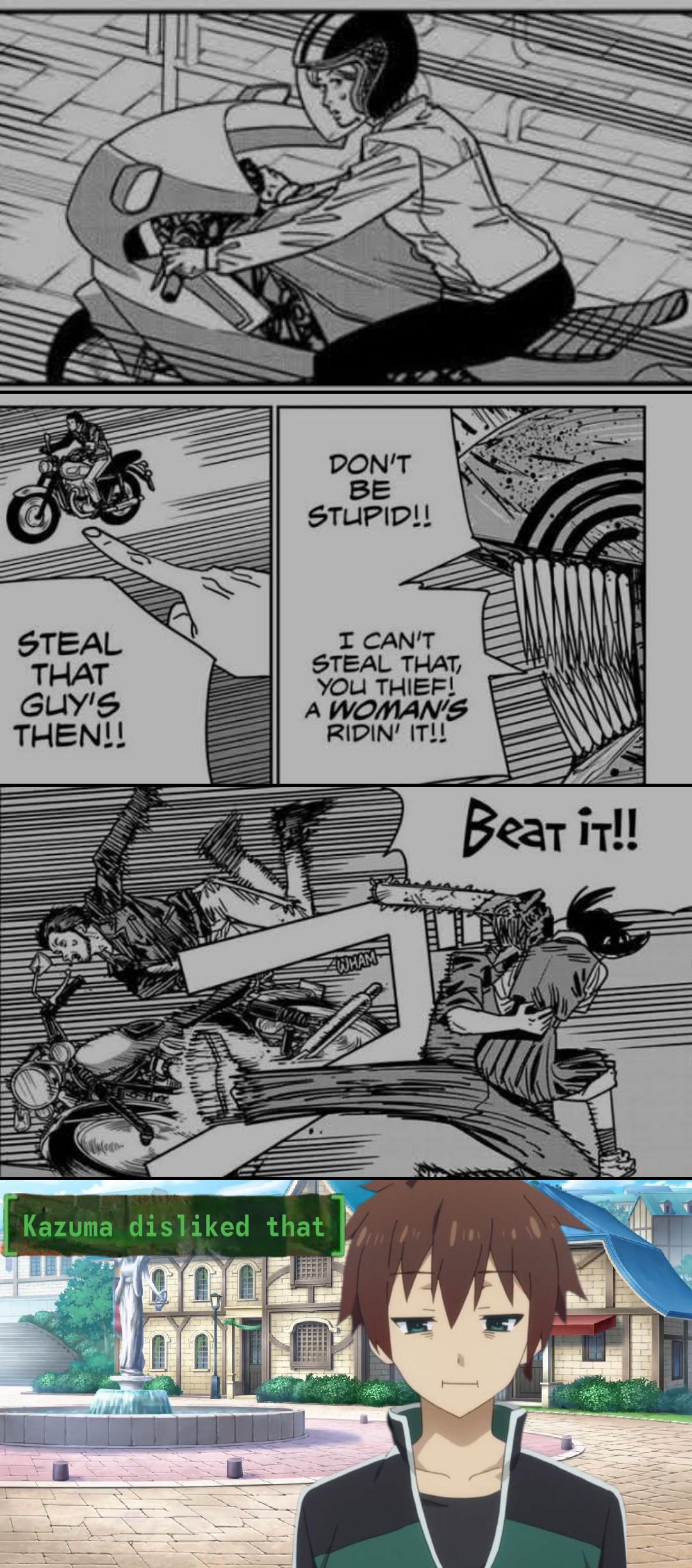 Comic of biker refusing to steal from a woman followed by 'Kazuma disliked that' text from an anime