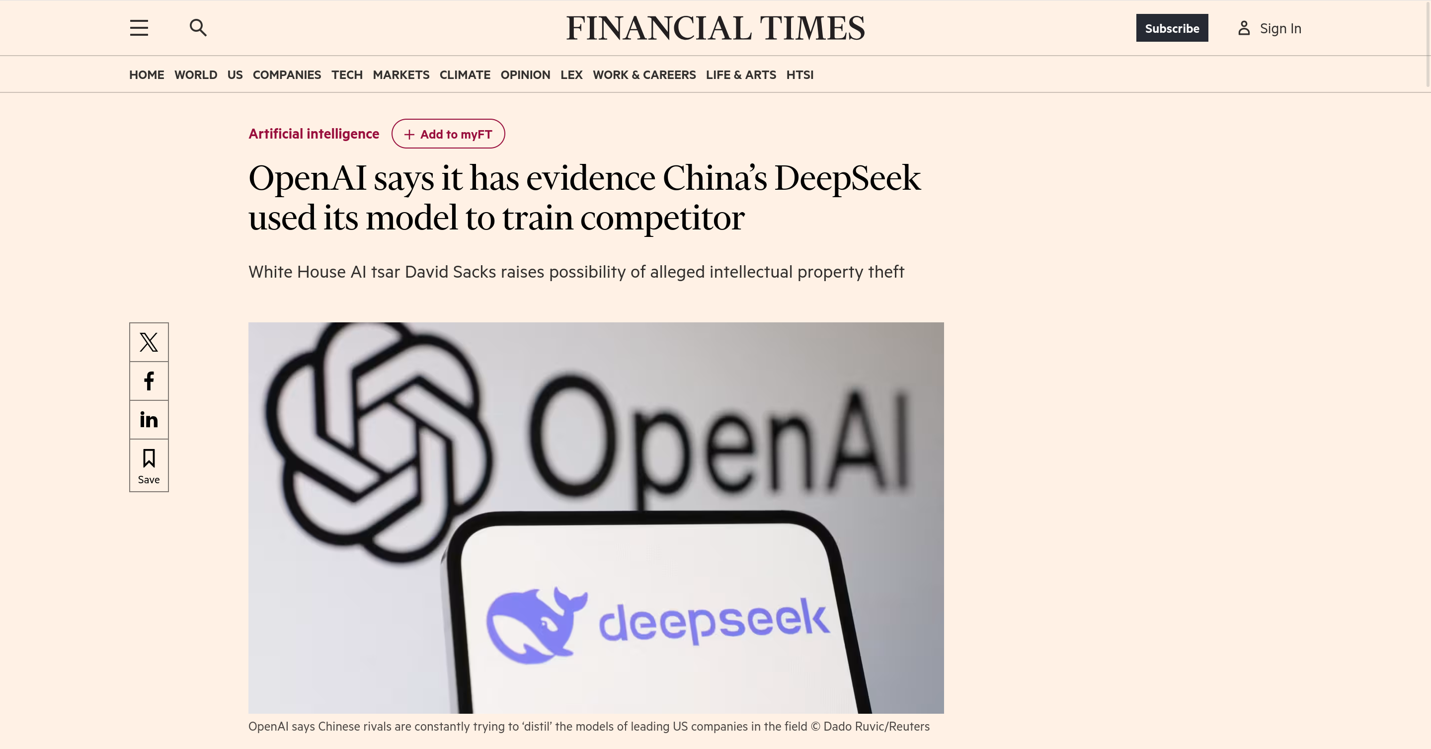 Financial Times headline about OpenAI claiming China's DeepSeek used its model, featuring OpenAI and DeepSeek logos.