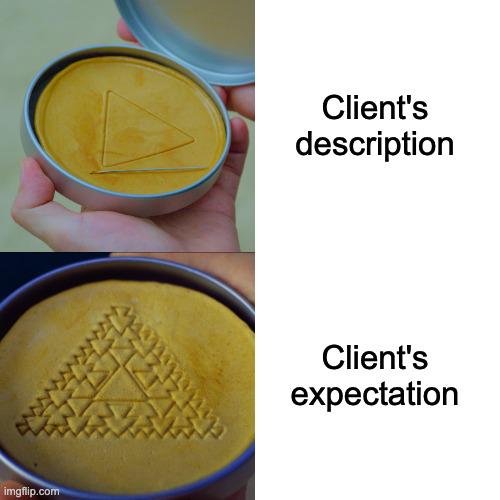 Image of two dalgona candies. Top shows simple triangle with text 'Client's description'. Bottom shows complex pattern with text 'Client's expectation'.